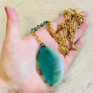 Calinana Boutique agate slice stone Necklace green teal gold tone chain long 26"